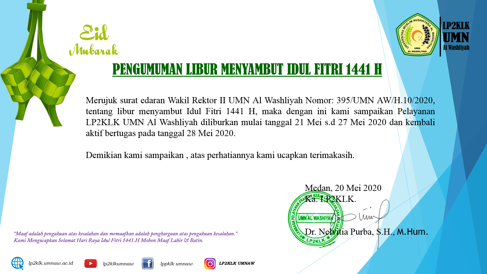 PENGUMUMAN LIBUR MENYAMBUT IDUL FITRI 1441 H.